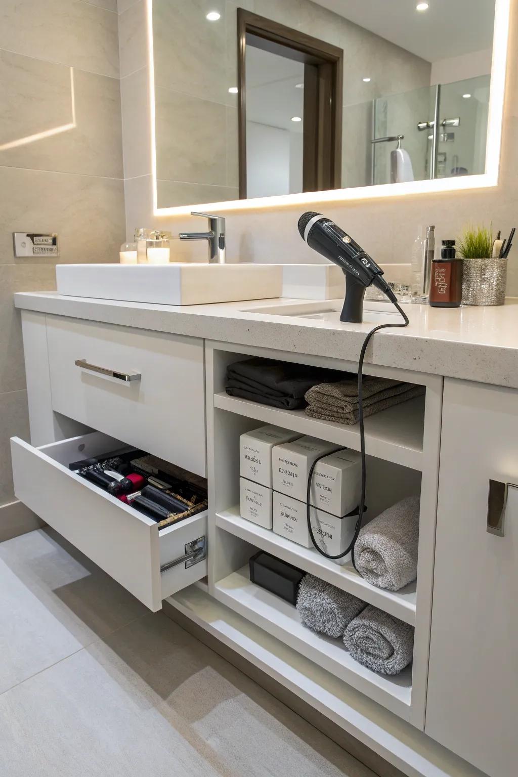 Streamlined embedded vanity cubbies facilitating subtle and structured storage.