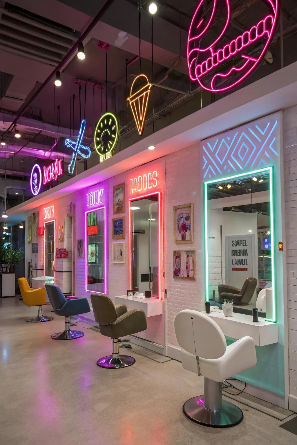 Neon lights add a fun touch to your salon.
