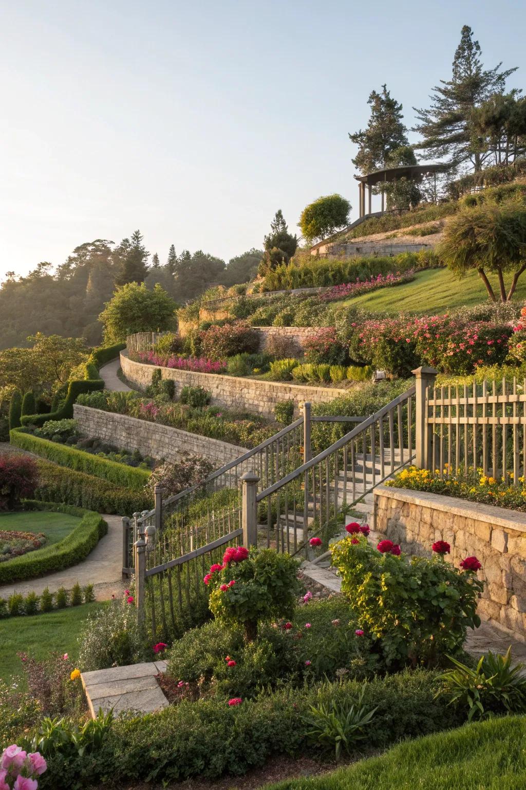 Terraced fence tiers add a dimension of interest.