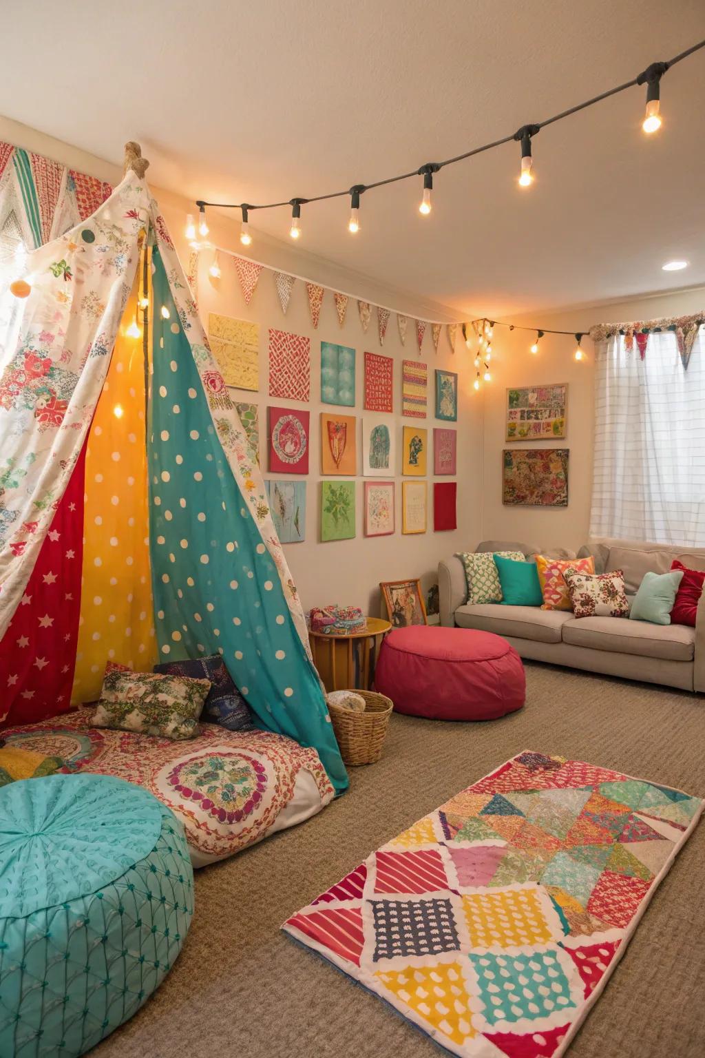 Playful family space featuring vibrant textile panels.