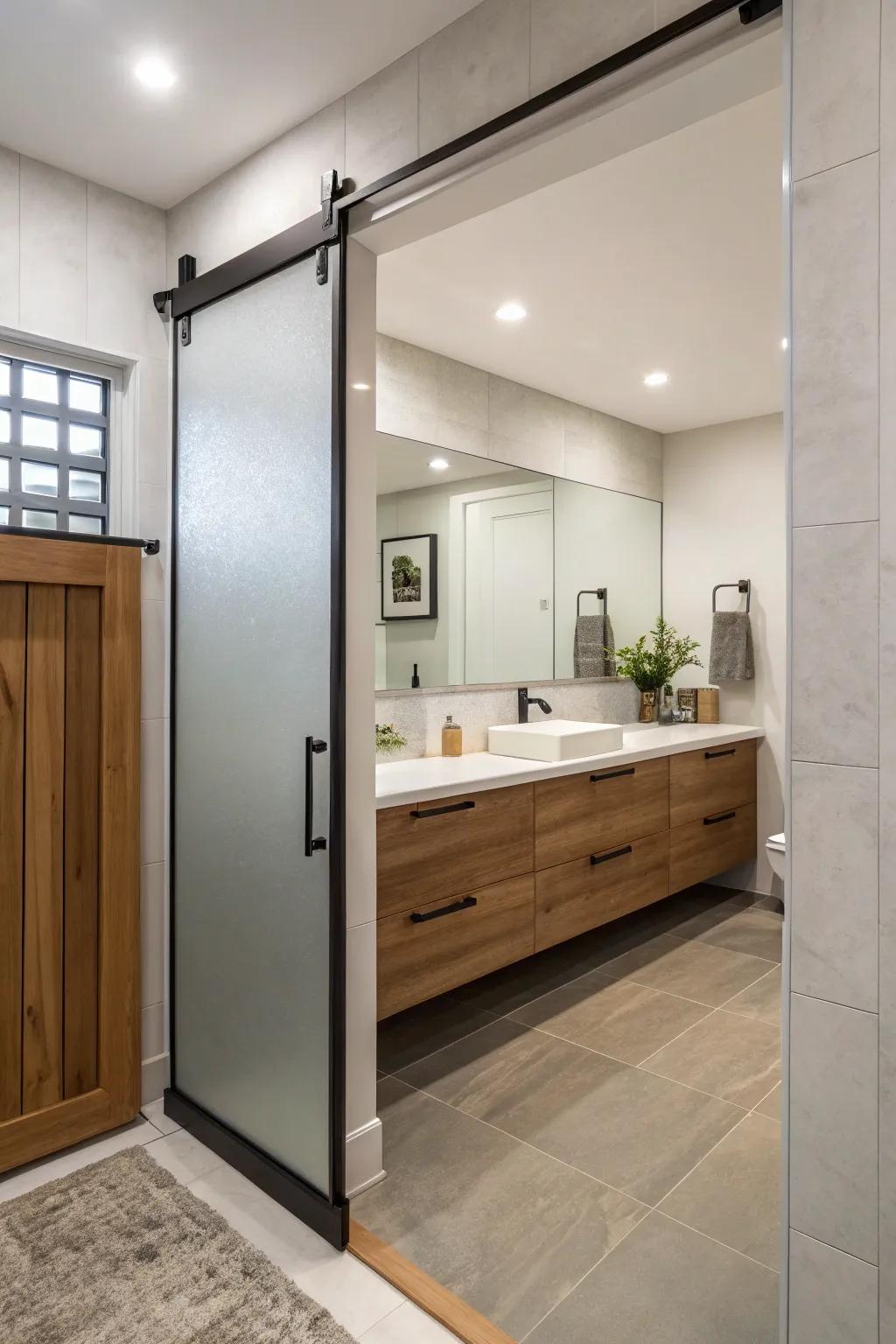 A sliding door adds modern style and saves space in a guest bathroom.