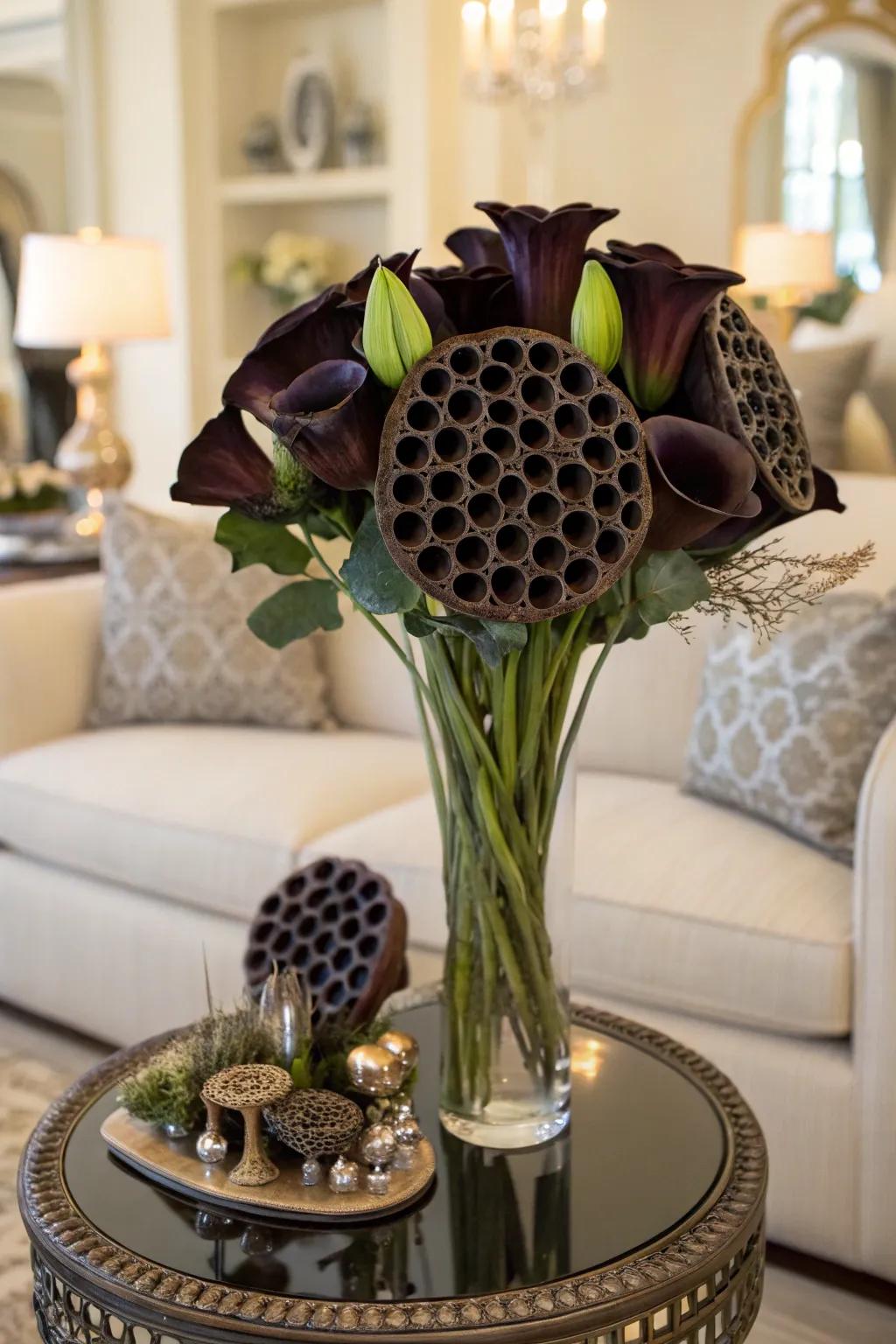 Lotus shells infuse texture and intrigue into this moody Halloween bouquet.
