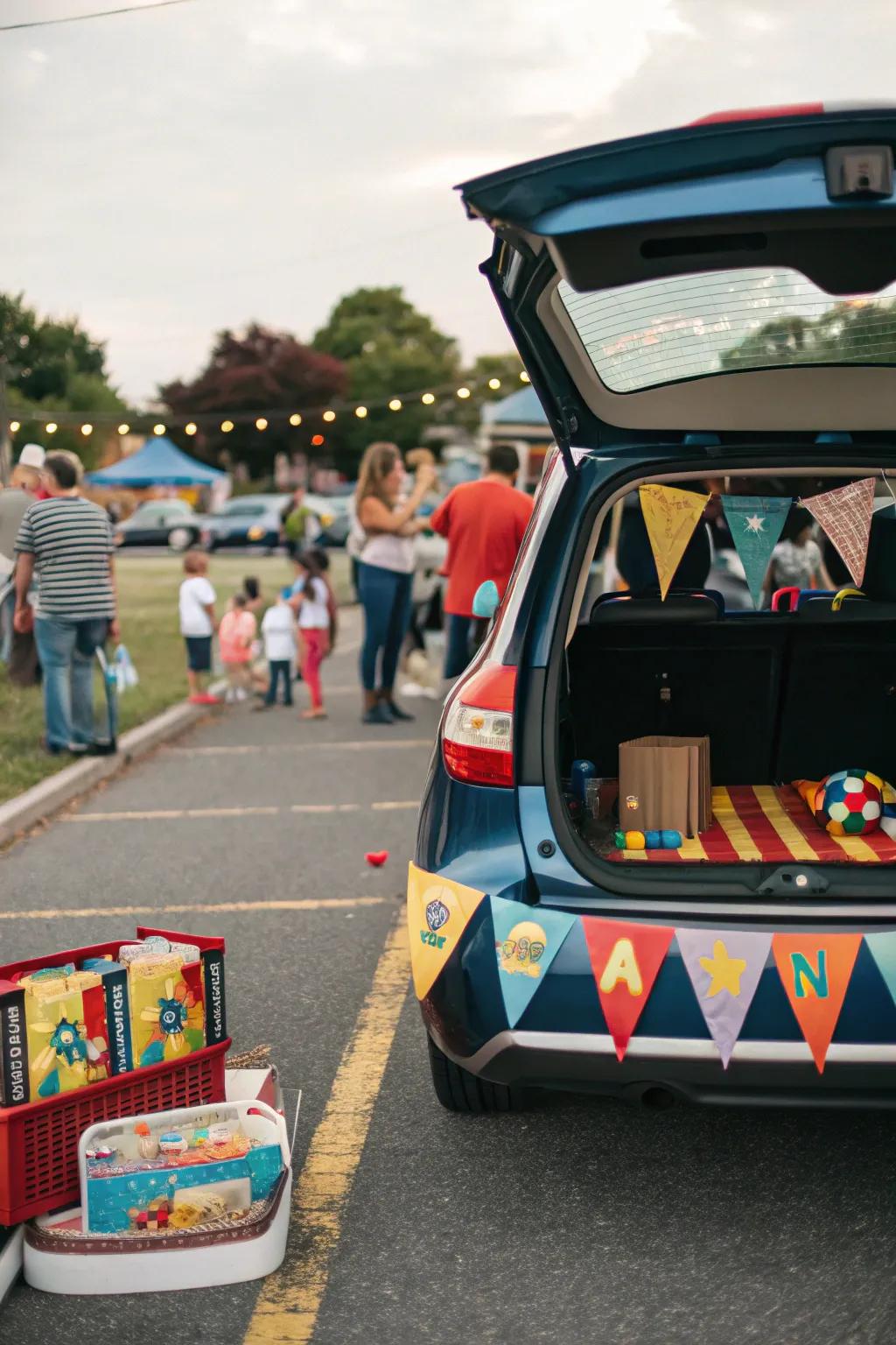 A carnival theme conveys joy and thrill to Halloween car decor.
