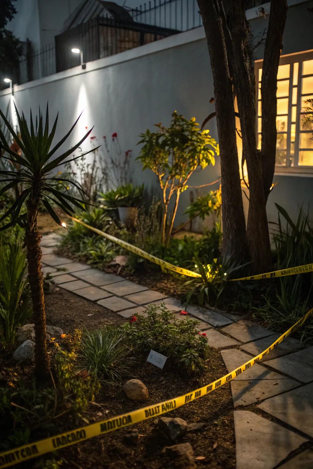 A ghoulish garden featuring warning ribbon and eerie lights.