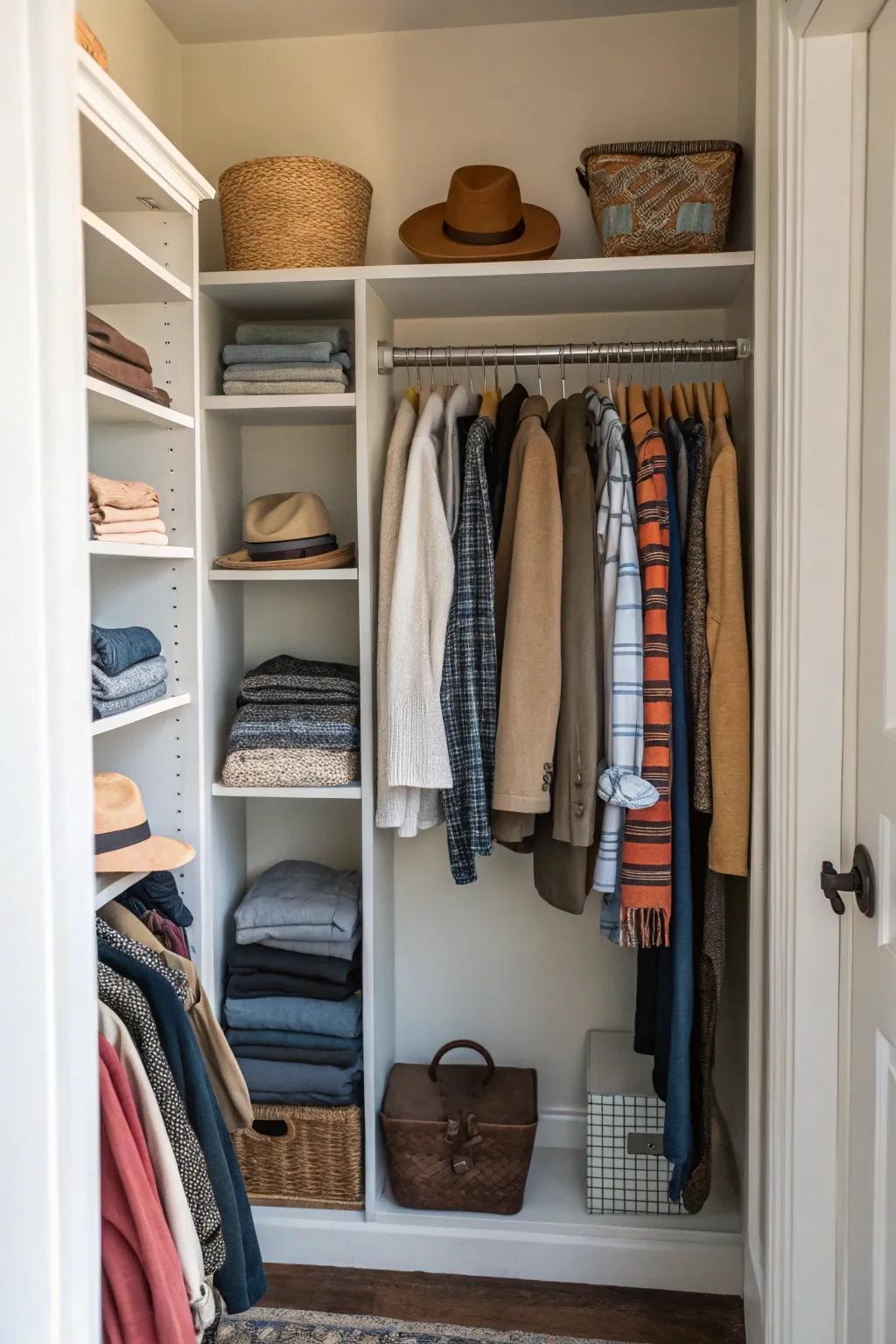 Seasonal rotation system in a hallway closet, ensuring organized and timely access to items.