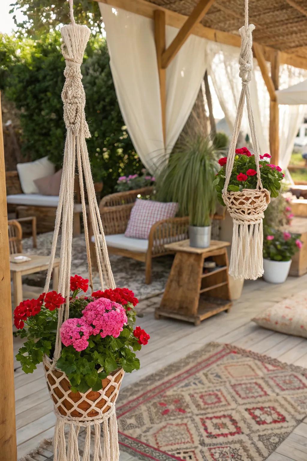 Macramé slings impart a boho ambience to geraniums.