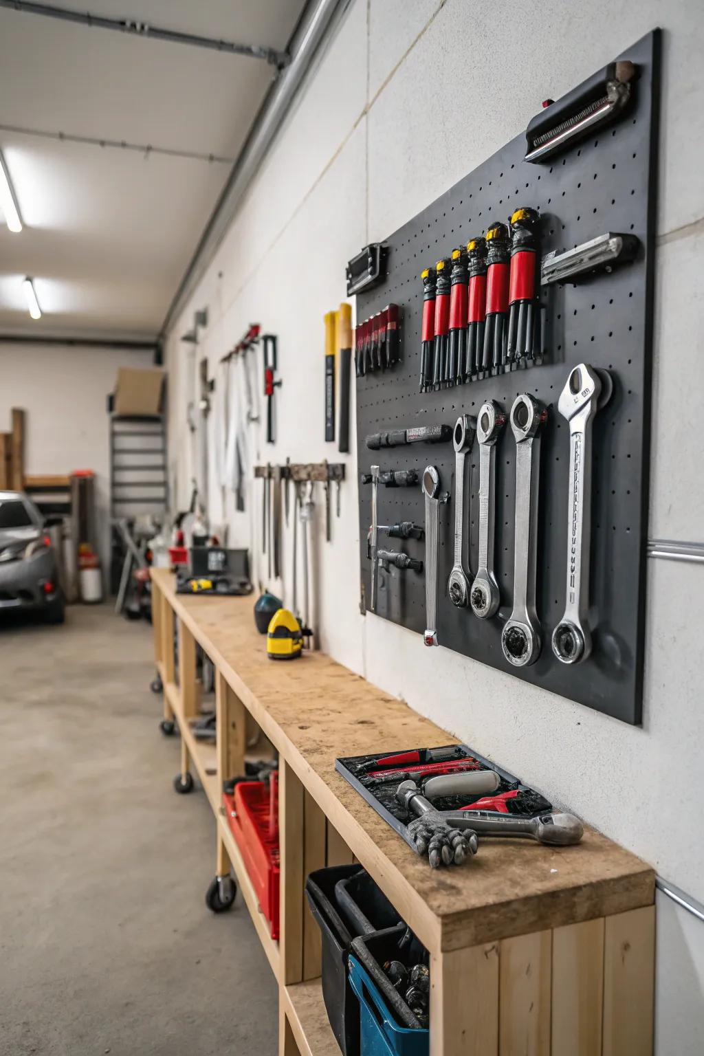 Transform vehicle bay disarray into order through implement racks.