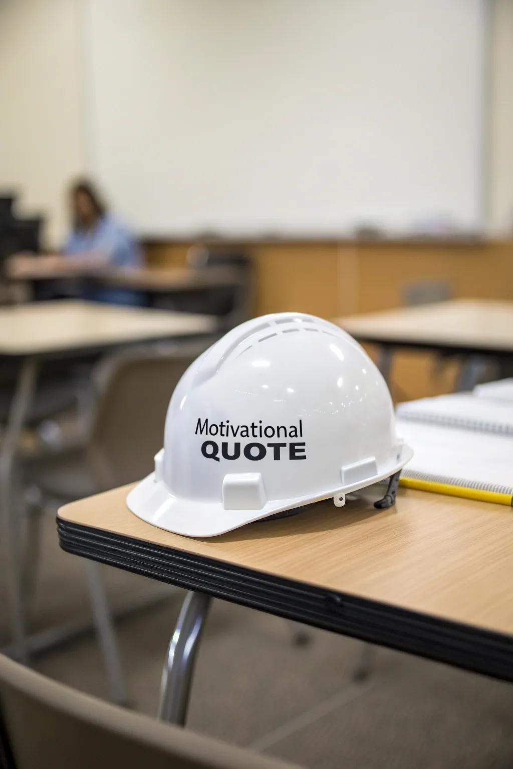 A safety helmet personalized with an uplifting message.