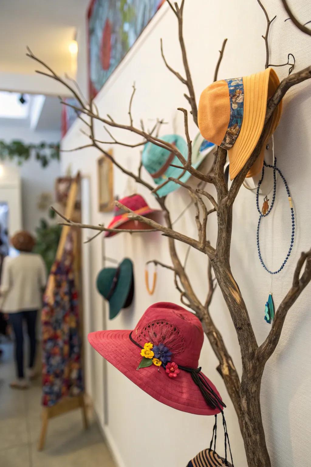 An artistic limb incorporates an imaginative element to your hat display.
