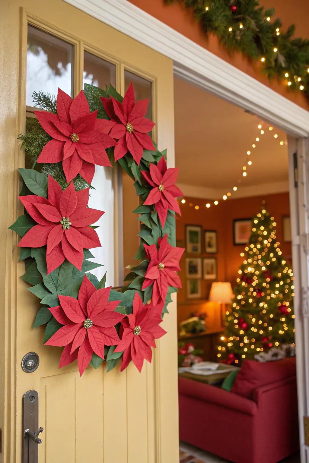 A handmade garland combines traditional poinsettias with a personal touch.