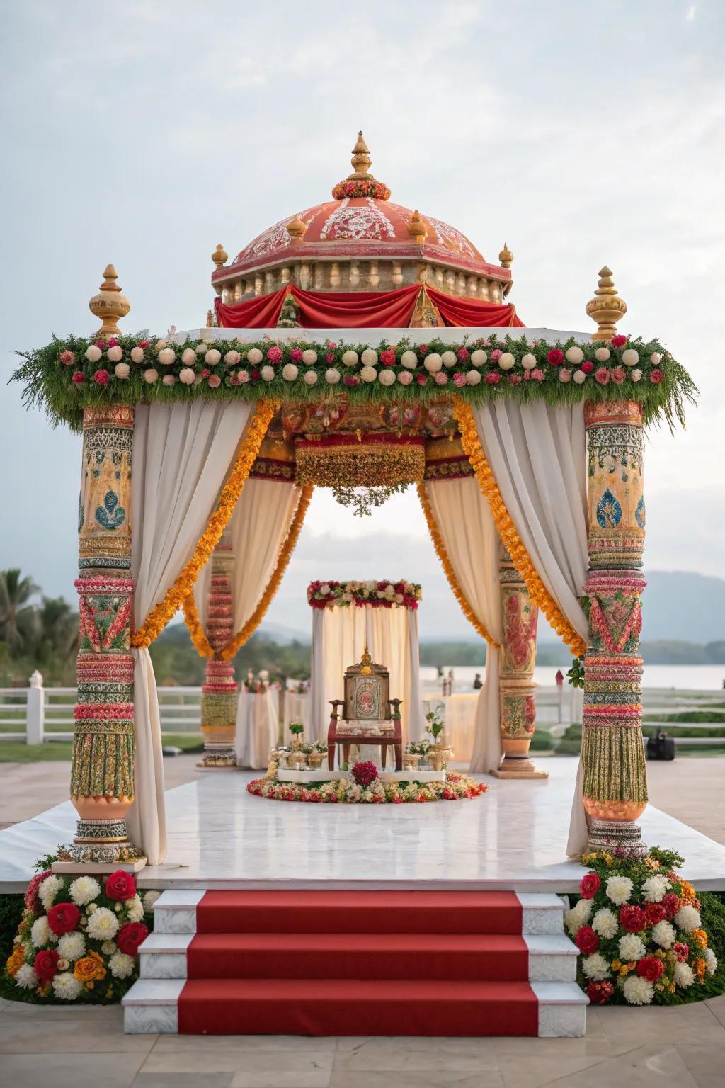 Cultural emblems infusing the mandap through personal significance.