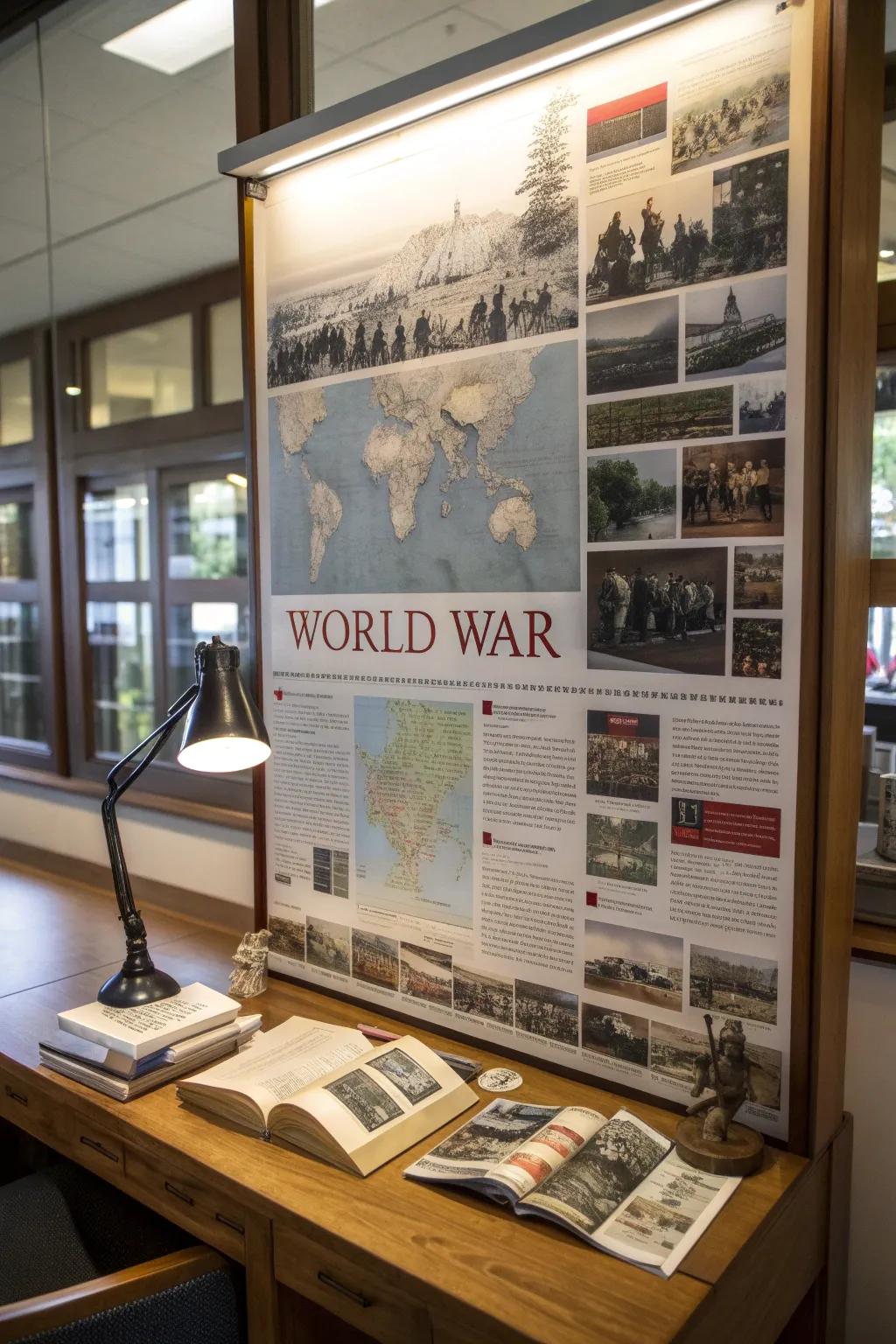 A world war display offering a powerful reflection in a study area.