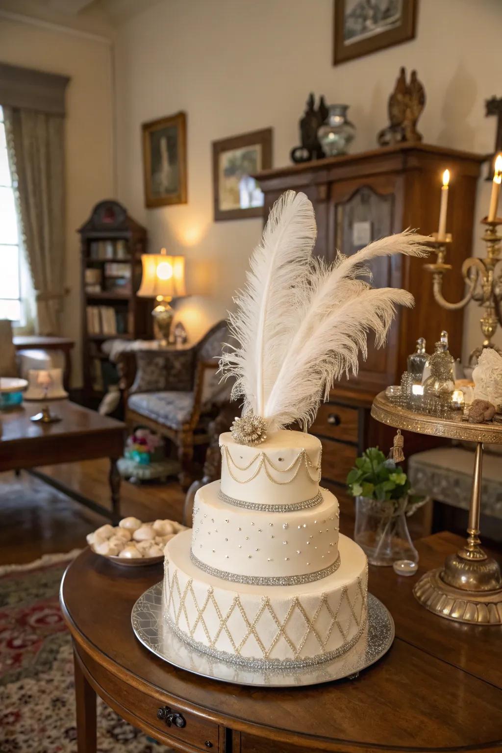Feather accents bring a sense of movement and elegance to this cake.
