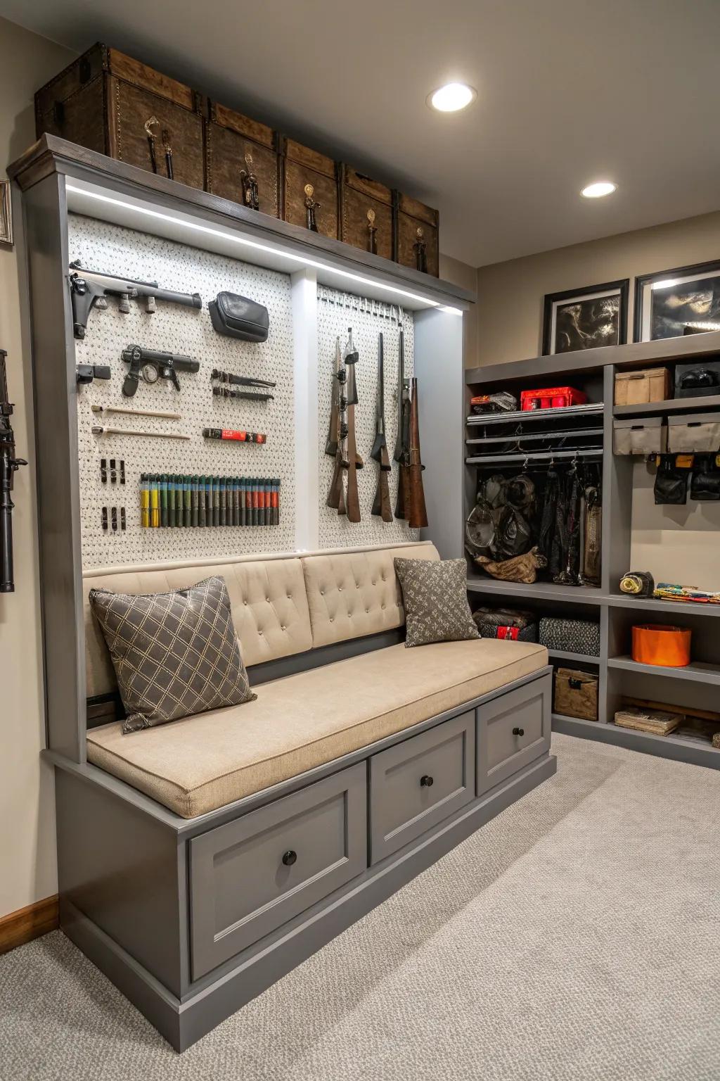 Multipurpose furniture merges utilitarian efficiency through strategic conservation of storage and area resources.
