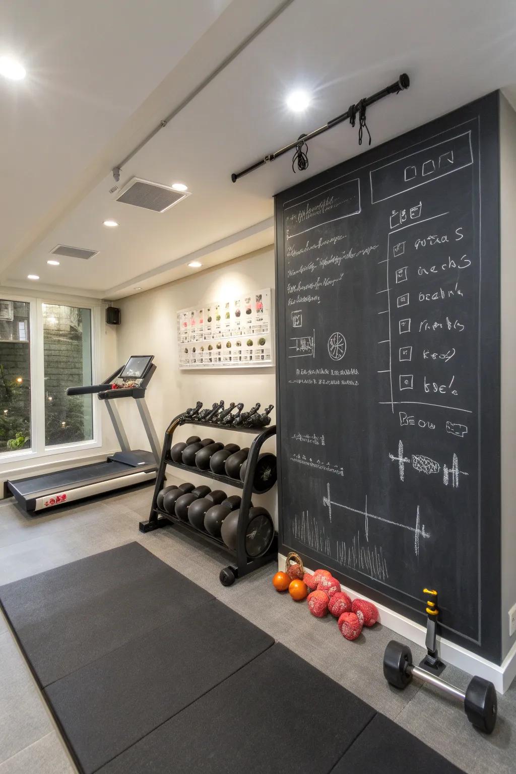 A chalkboard wall adds functionality and inspiration to your gym space.