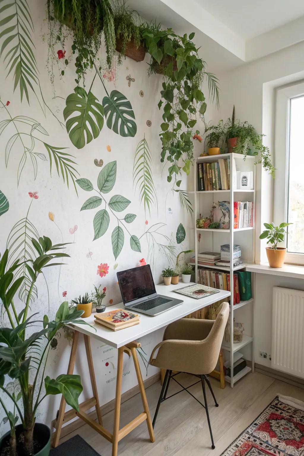 Botanical accents bring nature's tranquility into this home office.