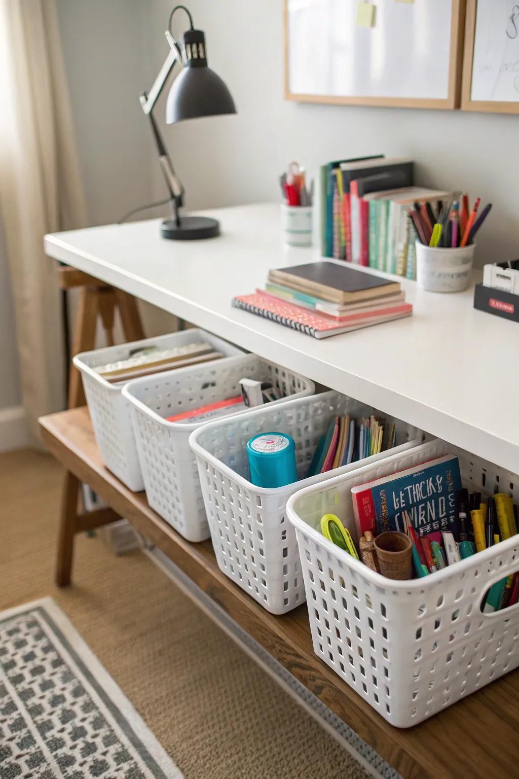 Under-desk storage keeps things accessible.