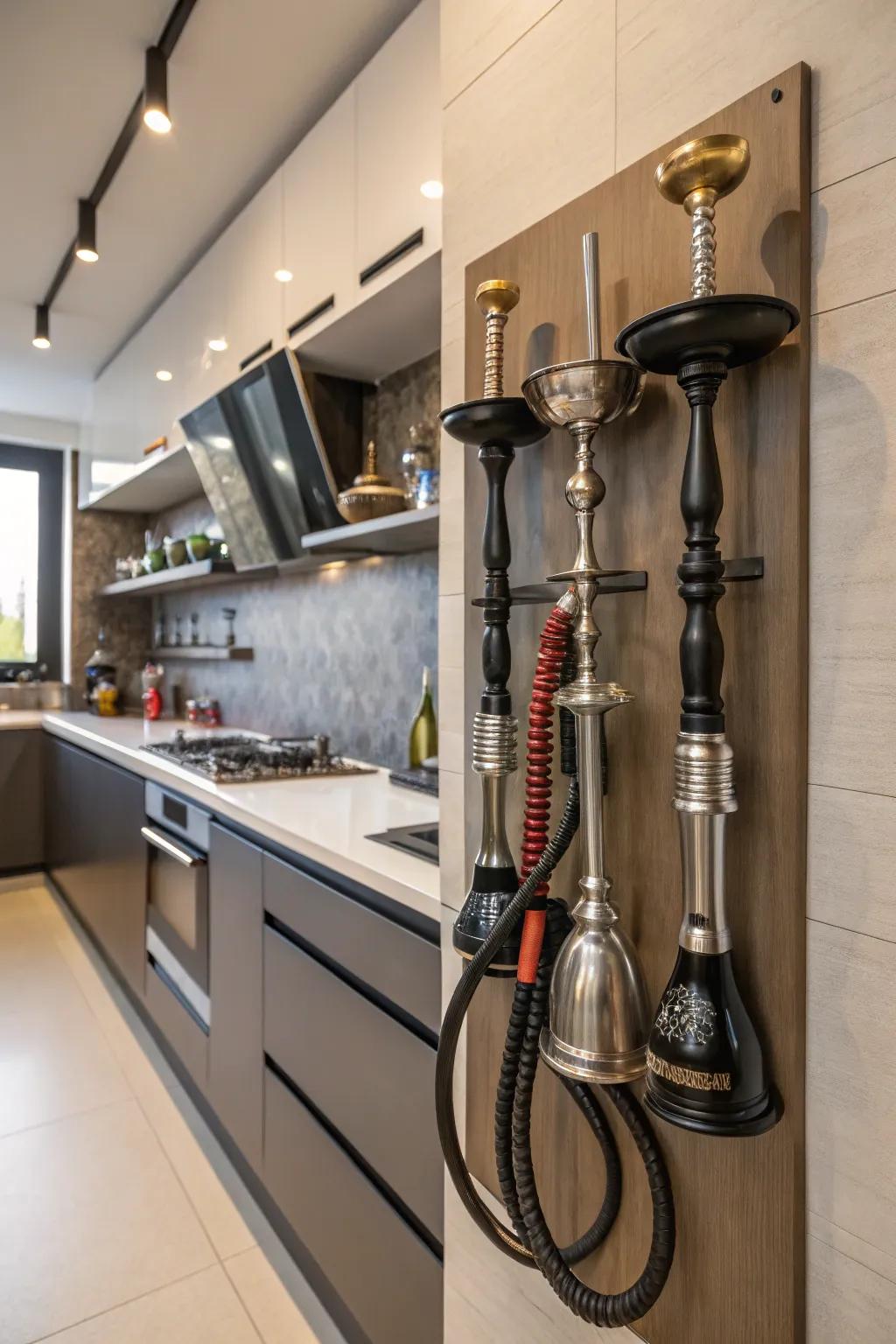 Magnetic strips offer a practical solution for organizing metal shisha tools.