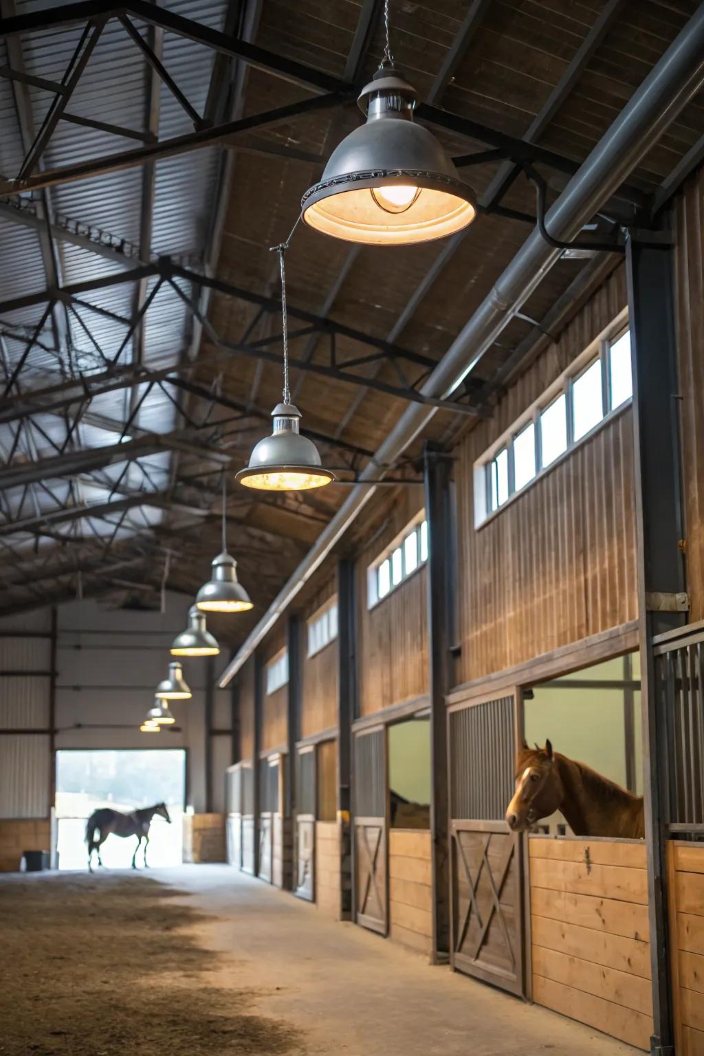 Industrial lights introduce a stylish, contemporary edge to the stable’s lighting.