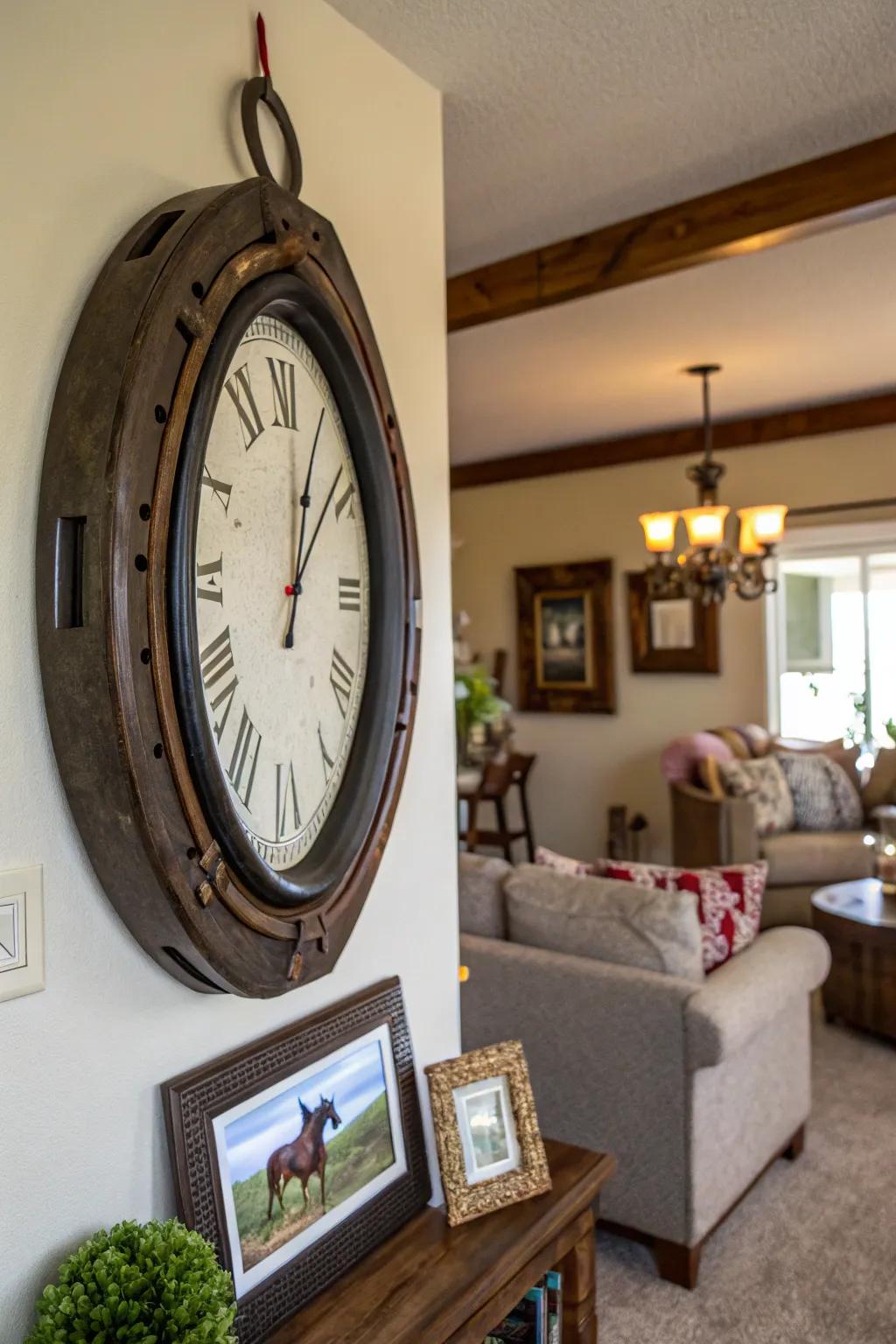 A horse collar imaginatively repurposed into a unique timepiece frame.