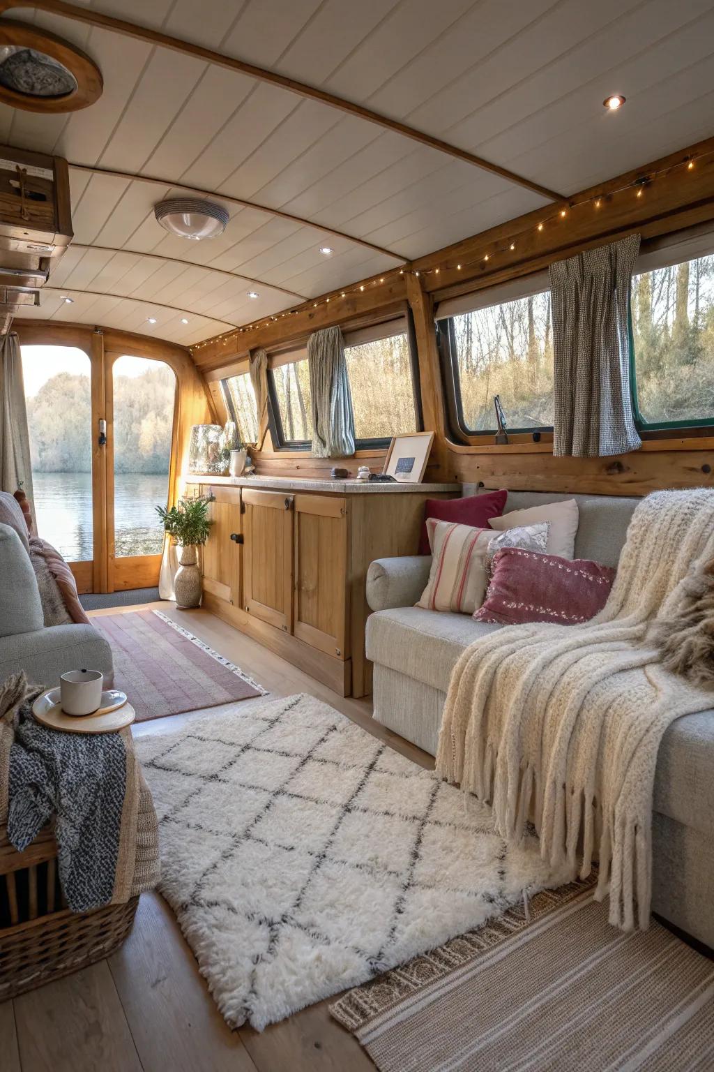 Cloth adds warmth and comfort to this houseboat's decor.