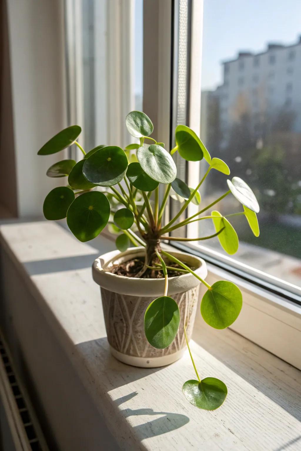 Pilea Peperomioides adding appeal and character to the window sill.