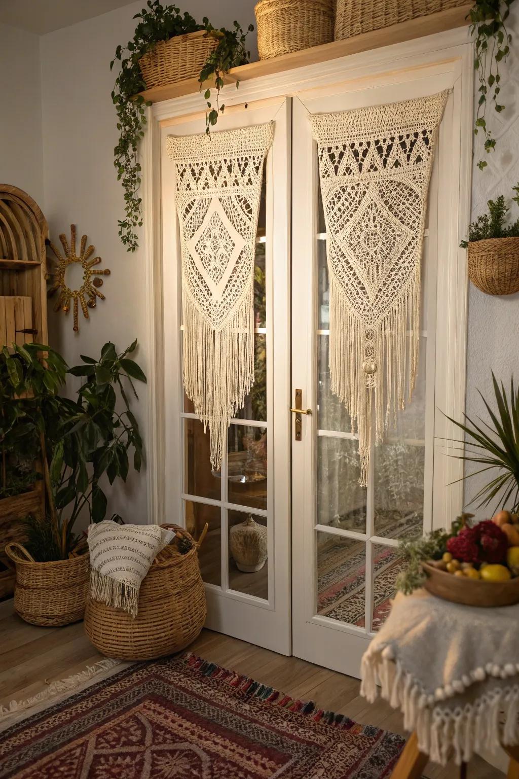 Macramé panels offer a boho touch and light filtering for French doors.