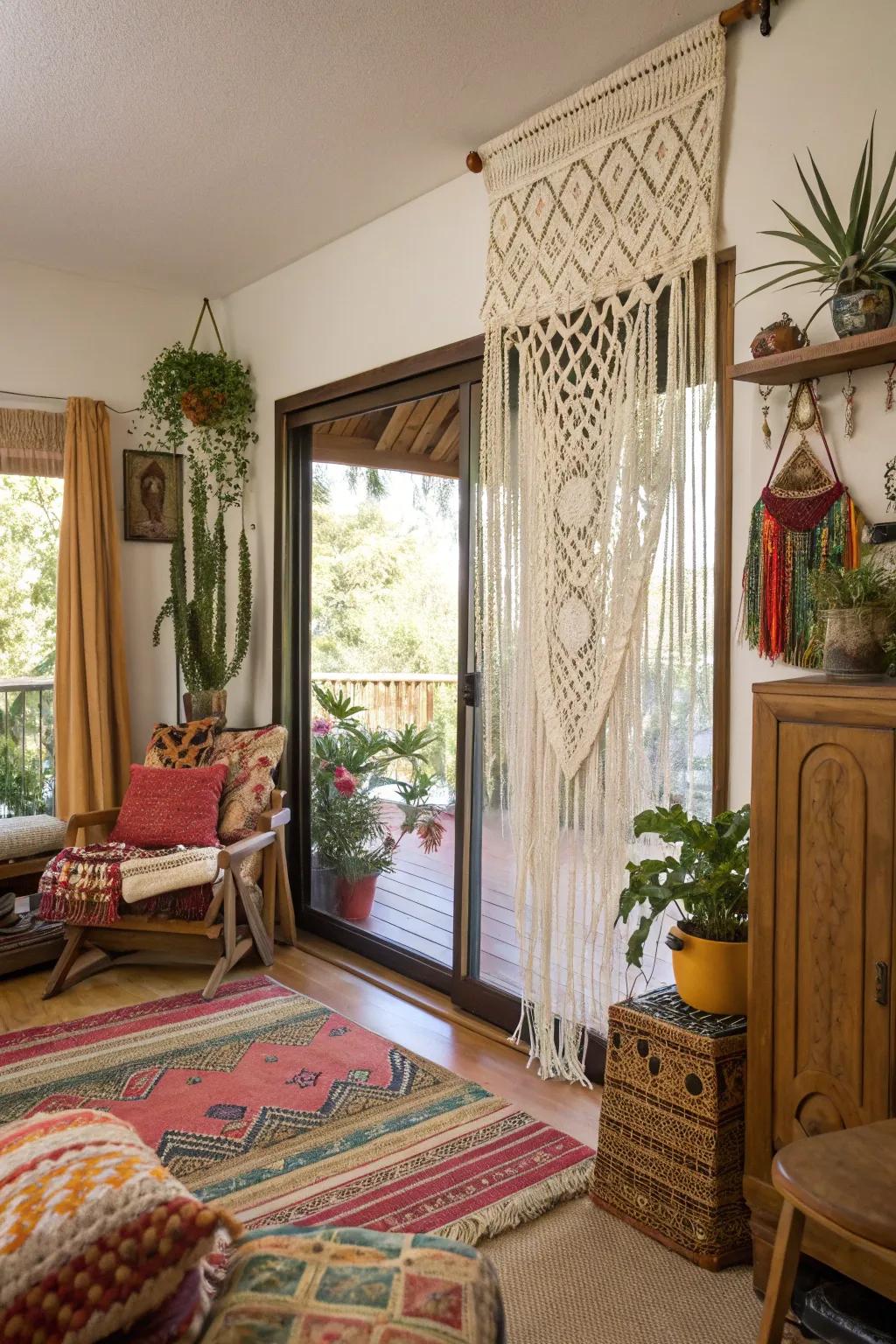 Macramé curtains add hand-made warmth and texture.