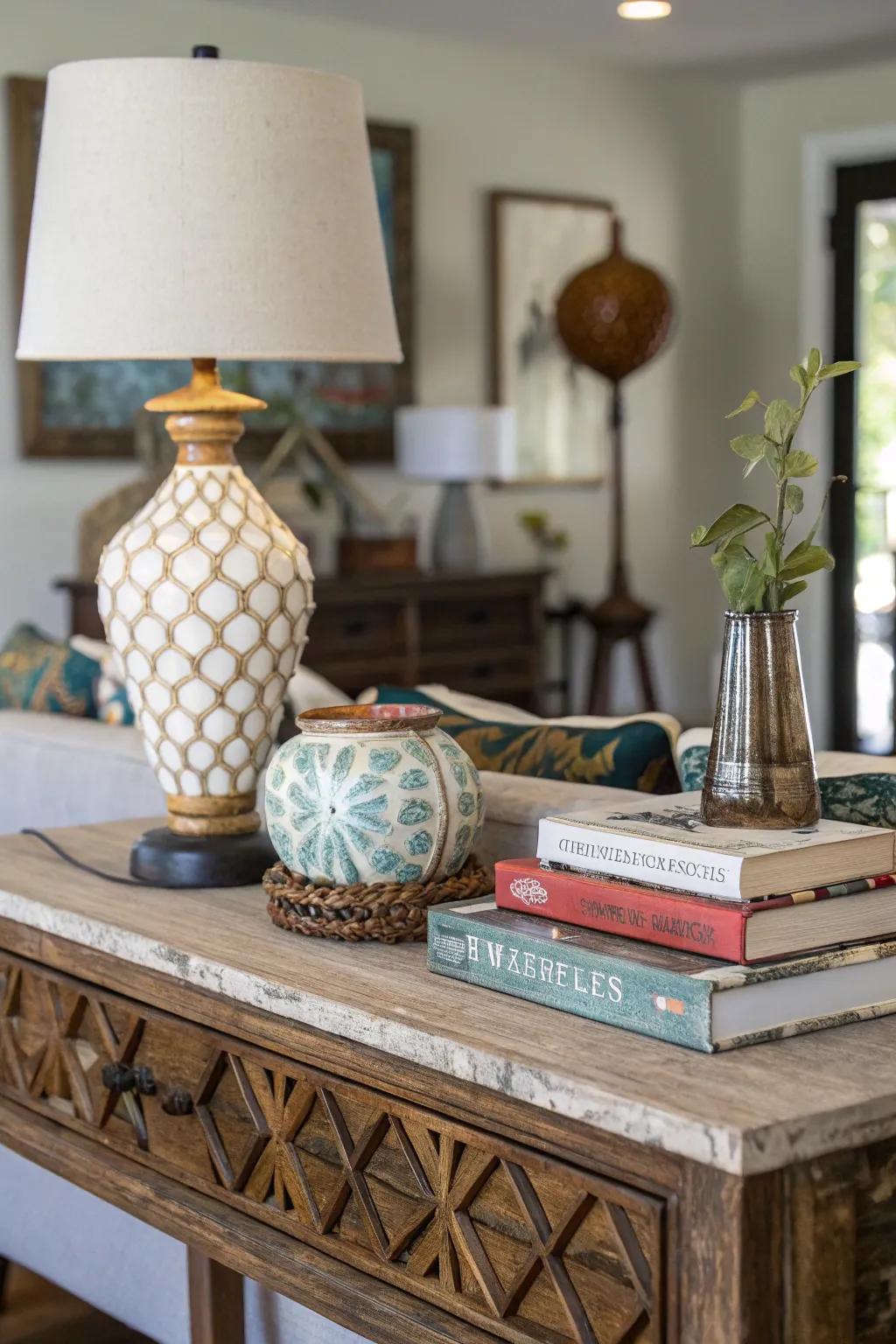 An eclectic blend imparts character and appeal to the console table.