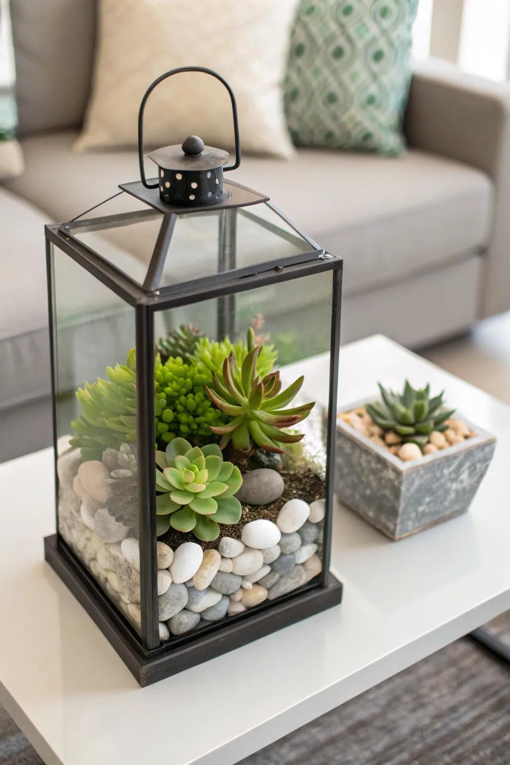 Modern <strong><em>lantern</em></strong> with a mix of succulents and stones.” loading=”lazy” class=”pimg”>
	</picture><figcaption>Modern <strong><em>lantern</em></strong> with a mix of succulents and stones.</figcaption></figure>
<p>For a modern adaptation, load a <strong><em>lantern</em></strong> with succulents and small stones. This low-maintenance option is fitting for incorporating greenery without the bother.</p>
<h3>A few helpful options:</h3>
<ul class=