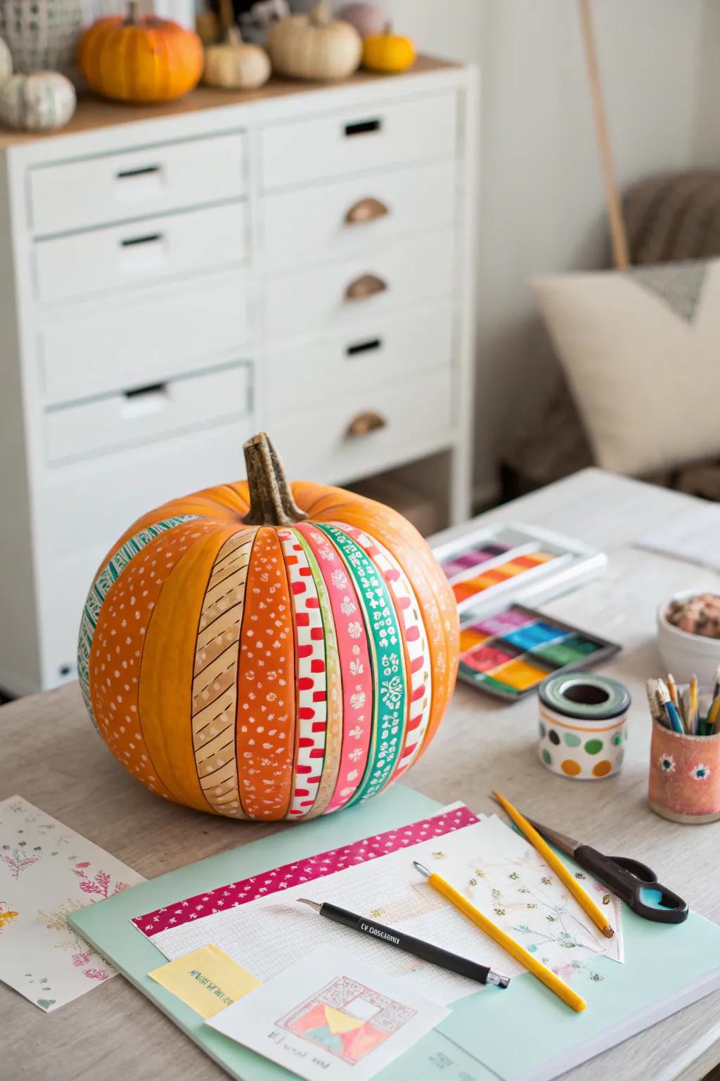 A washi tape pumpkin that is full of color and is very creative.
