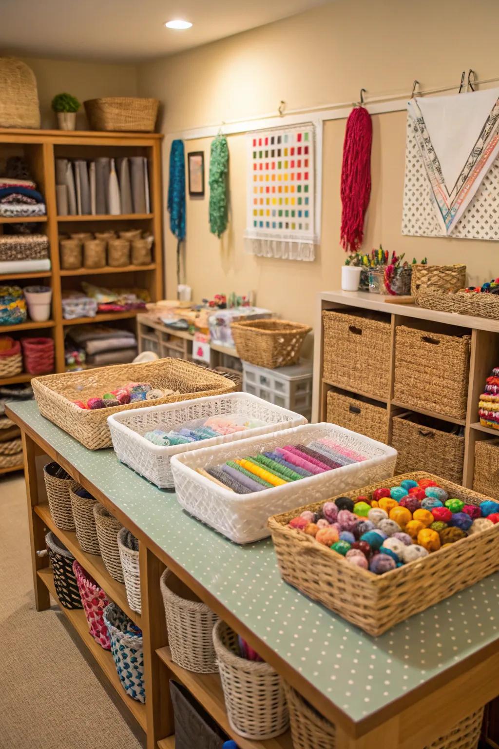 Baskets are essential for organizing craft supplies.
