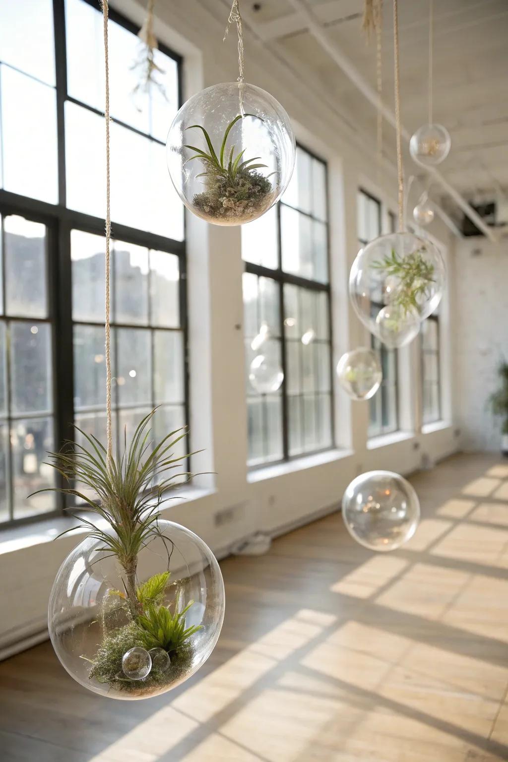 Transparent suspended spheres displaying <strong>air plants</strong> to create an otherworldly display.” loading=”lazy” class=”pimg”>
	</picture><figcaption>Transparent suspended spheres displaying <strong>air plants</strong> to create an otherworldly display.</figcaption></figure>
<p>Suspend <strong>air plants</strong> inside transparent spheres for a whimsical and otherworldly presentation. This arrangement is guaranteed to fascinate any onlooker.</p>
<h3>Items that may come in handy:</h3>
<ul class=