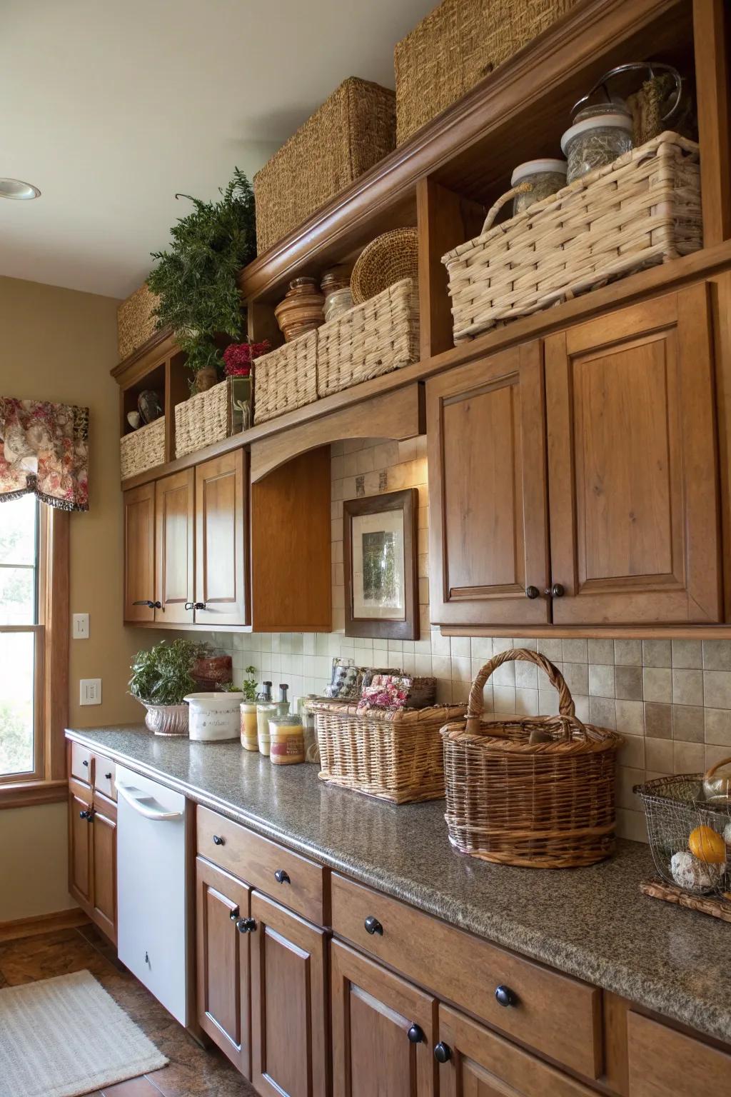 Above-cabinet storage utilizes vertical area effectively.