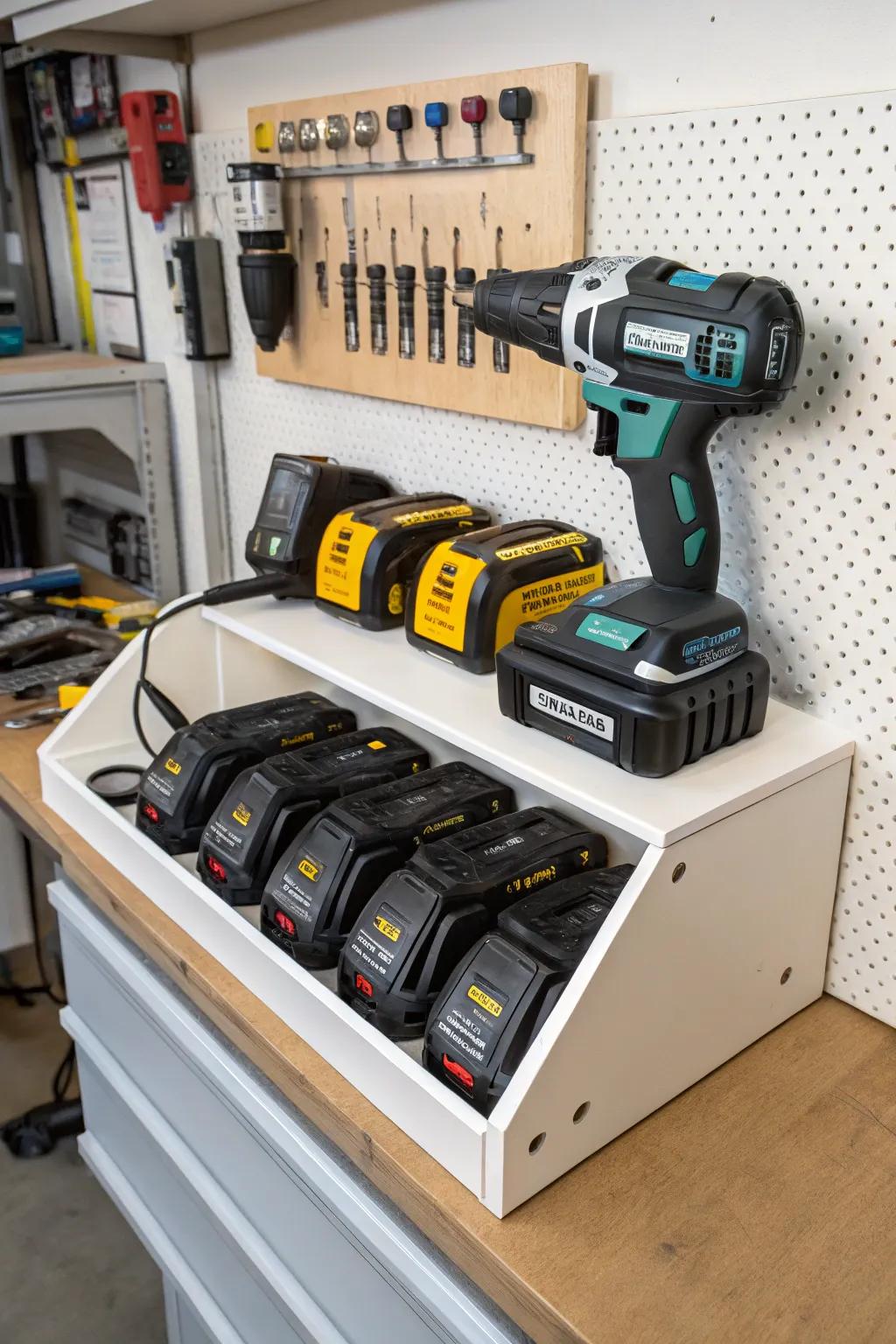 A docking station keeps power tools organized and powered.