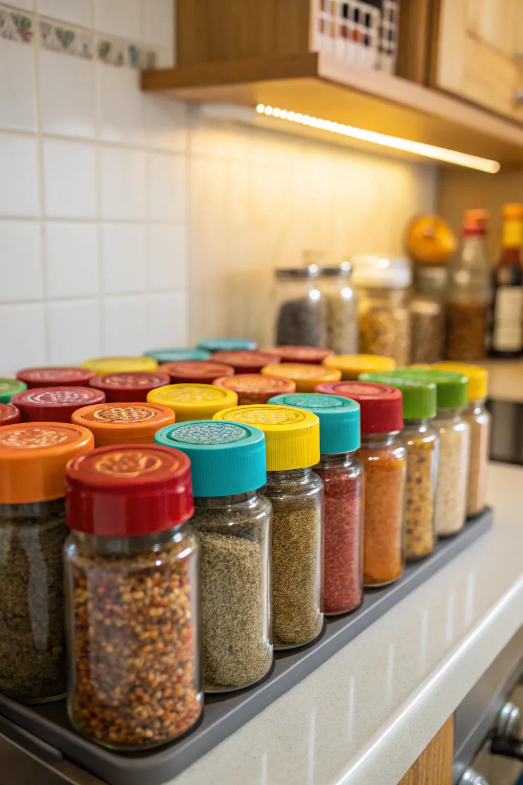 Tinted closures make spice categorization quick and simple.