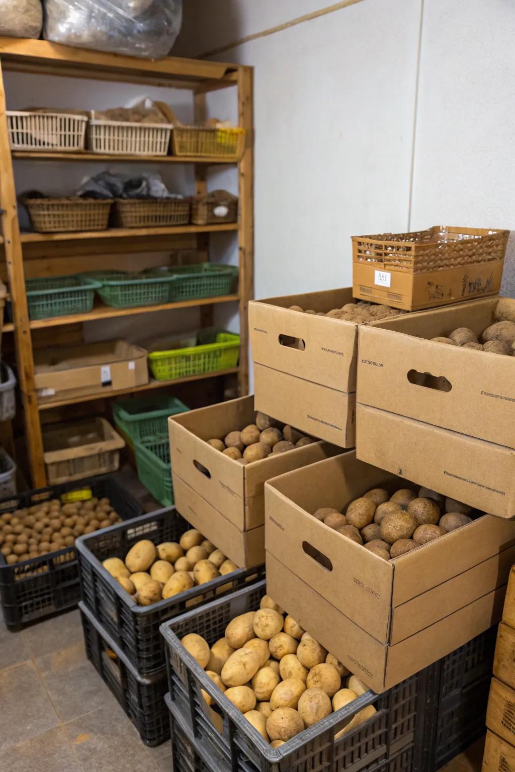 Eco-friendly potato stowage achieved through upcycled cardboard boxes.