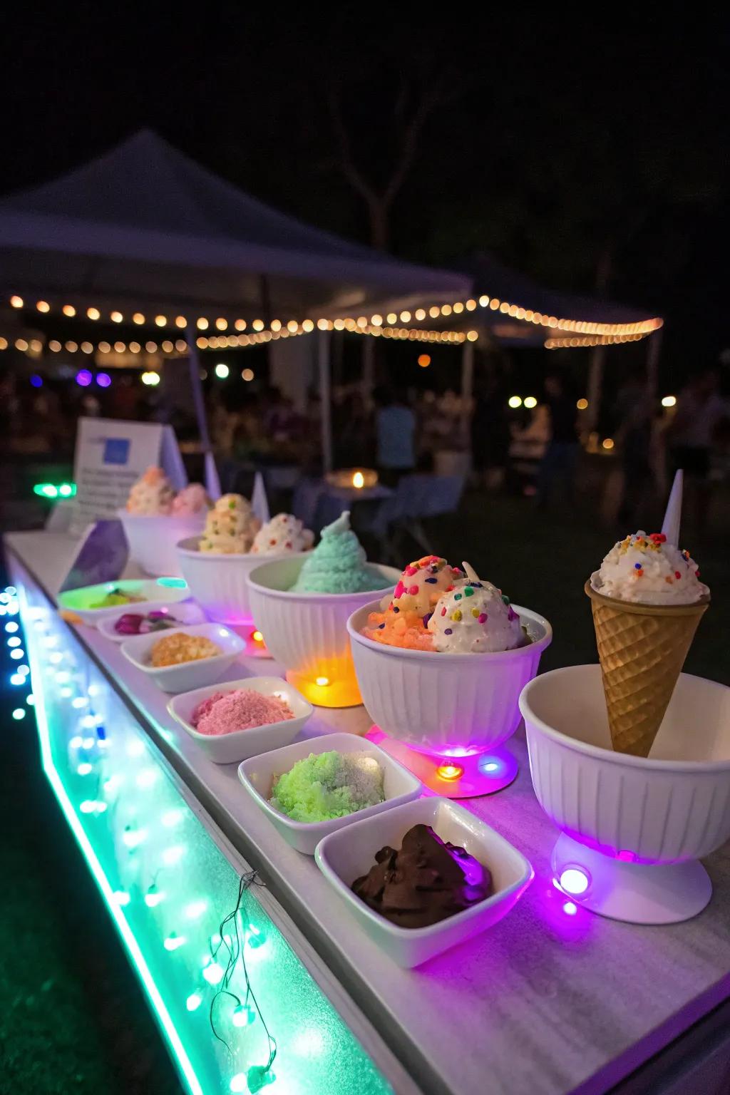 A nighttime glow ice cream table transforms the evening into a luminous spectacle.