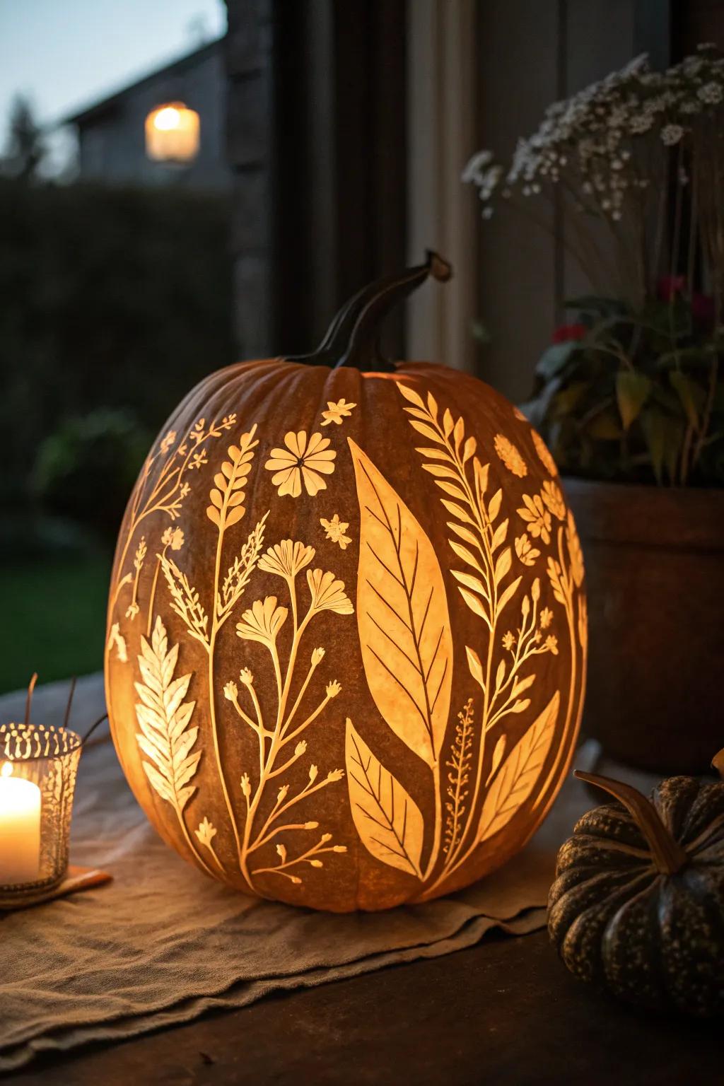 A gourd with plant-inspired carvings offering a delicate and nature-inspired design.