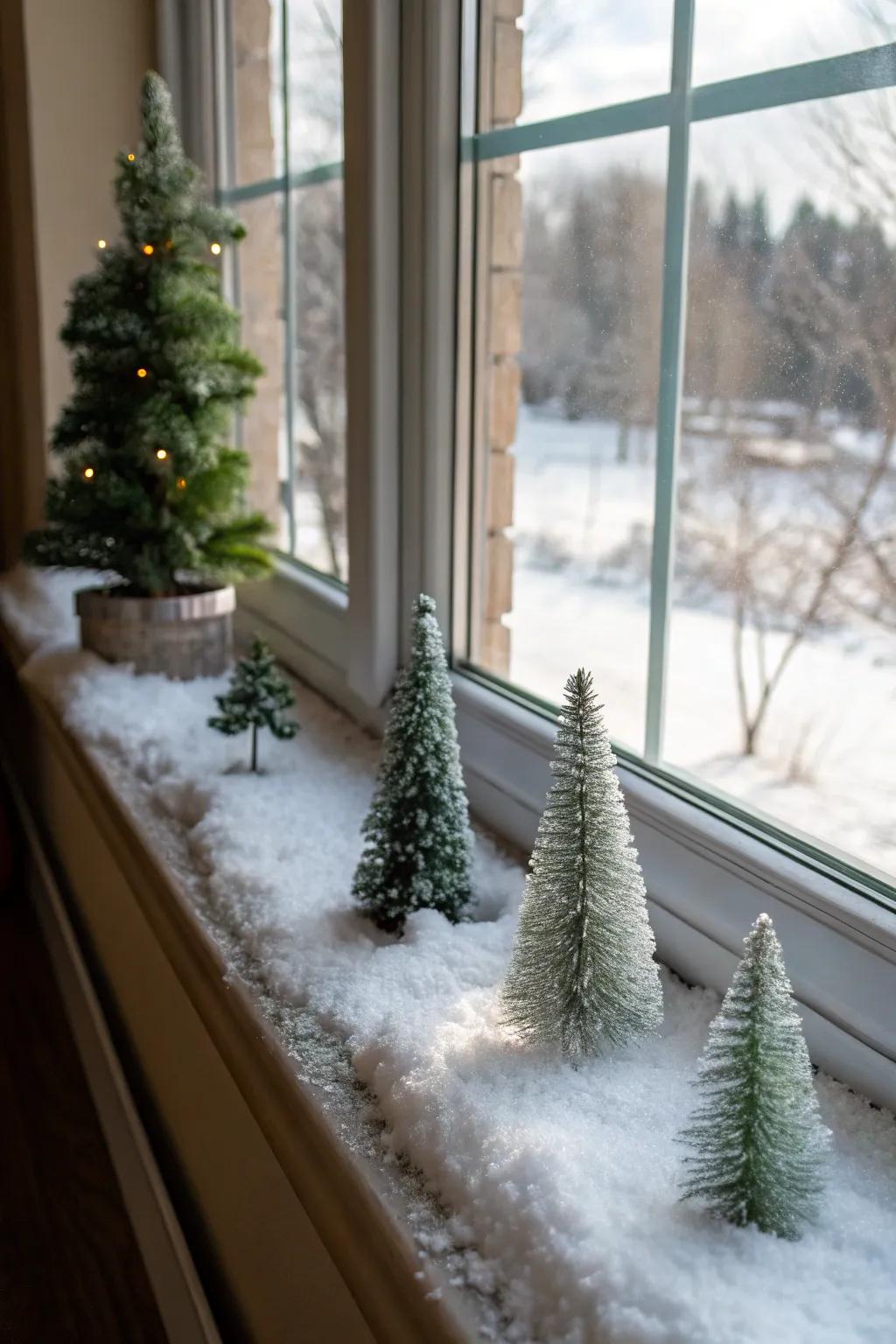 A windowsill transformed into a magical winter setting.