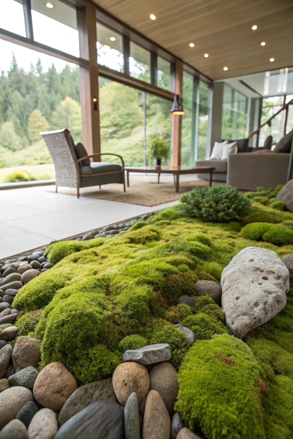 A moss-covered rock setting offers a soft, luxurious aspect to any decorative plan.