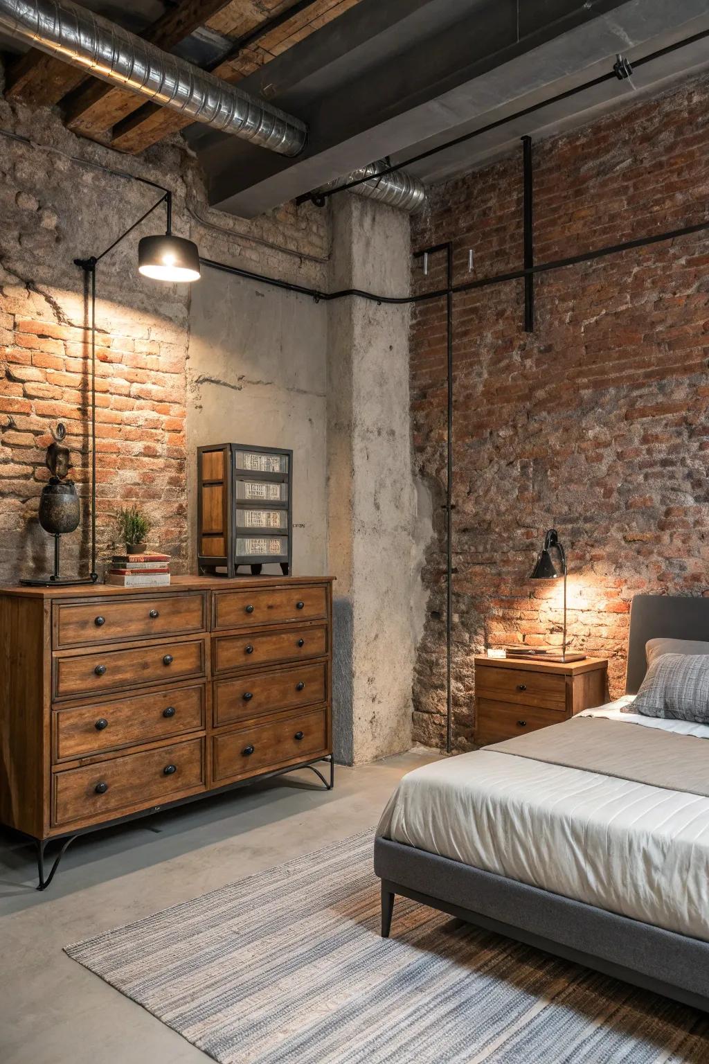 A blend of past and present components creates a timeless appearance in this industrial bedroom.