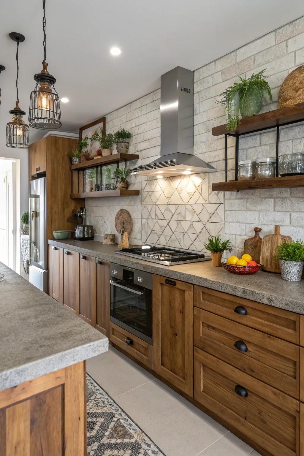 Mixing materials like wood and stone results in a unique and personalized kitchen design.