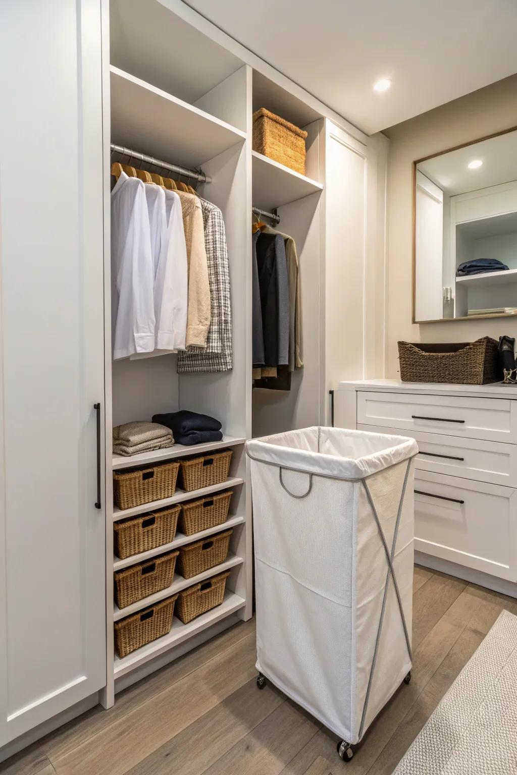 Keep your closet tidy using a cleverly concealed laundry basket.