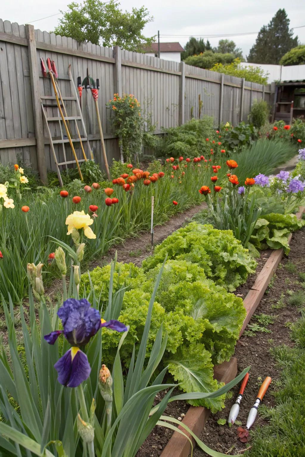 A garden combining glimmer flowers with vegetables for allure and utility.