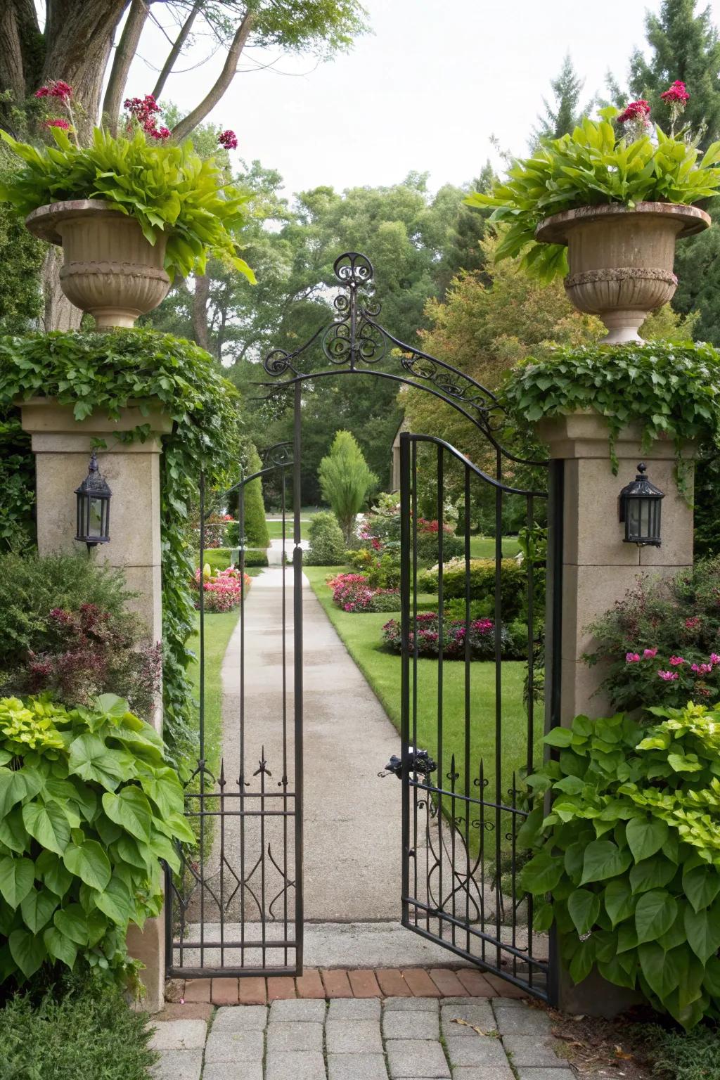 An eco-conscious iron entryway featuring greenery enhancing its charm.