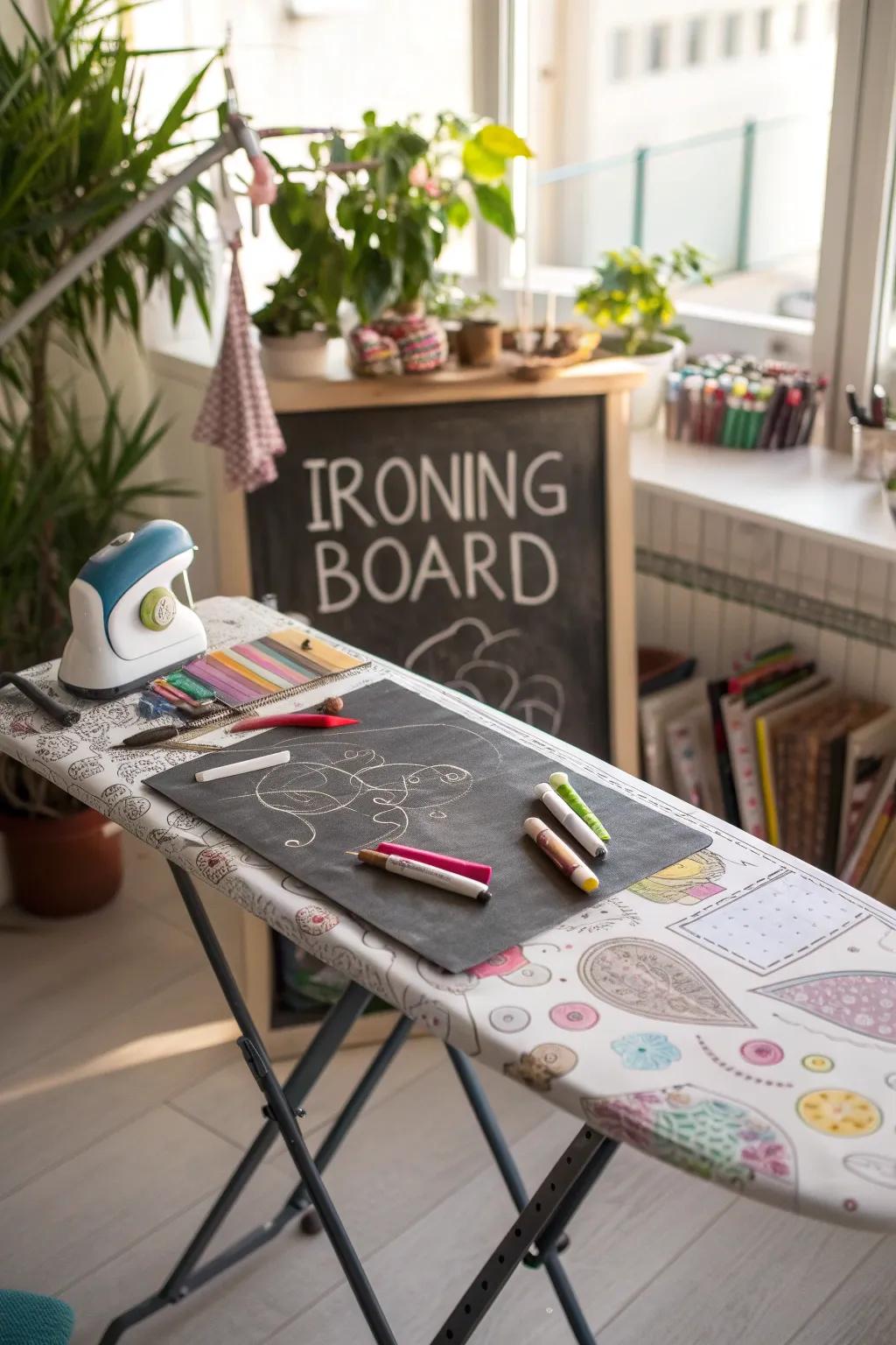 An ironing surface with a chalkboard surface for creative notes.