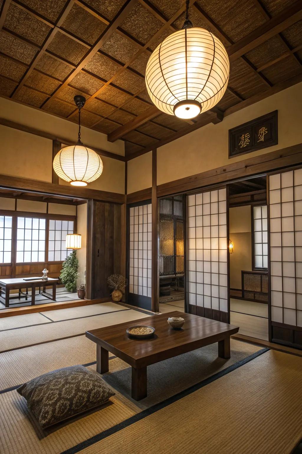 Soft lighting from paper globes crafts a warm, inviting atmosphere.