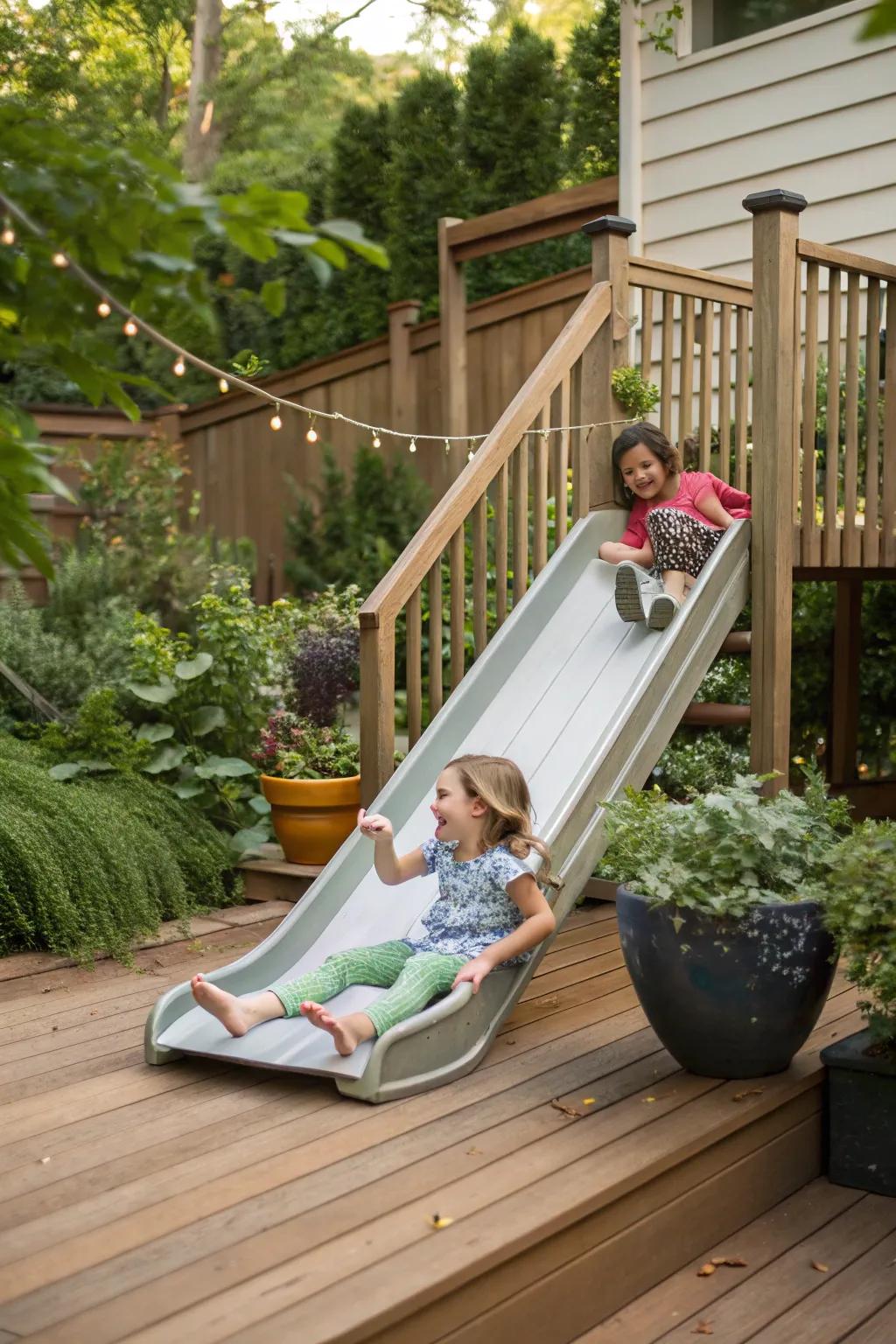 A deck featuring an attached kid’s slide where children are joyfully sliding down.