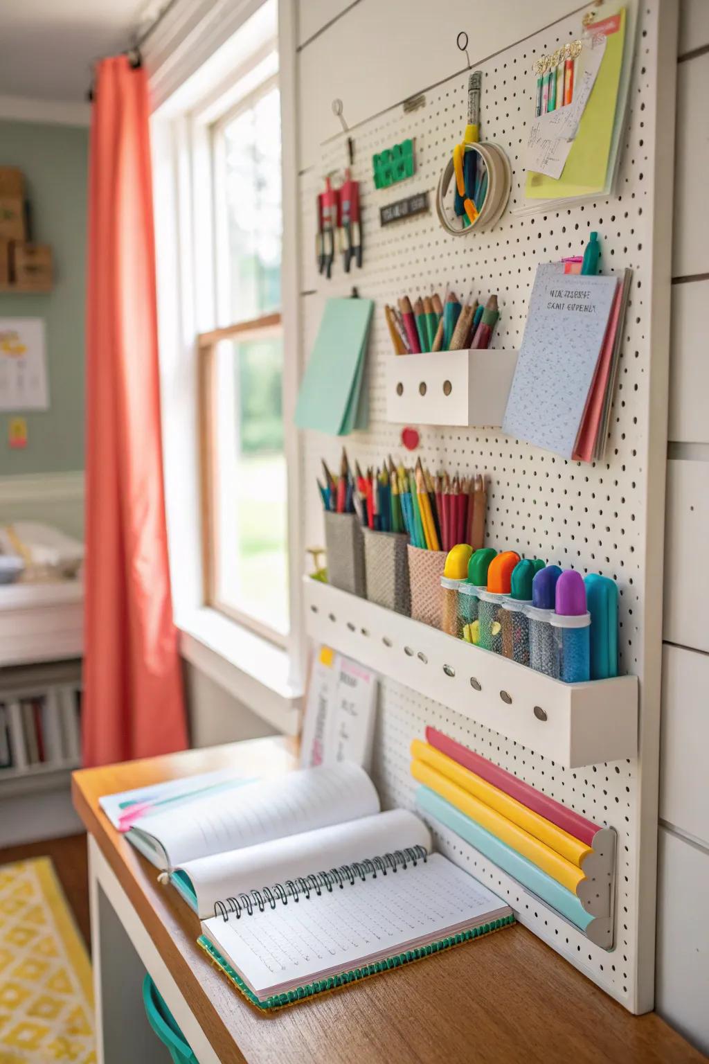 A versatile pegboard organizer for an orderly workspace.